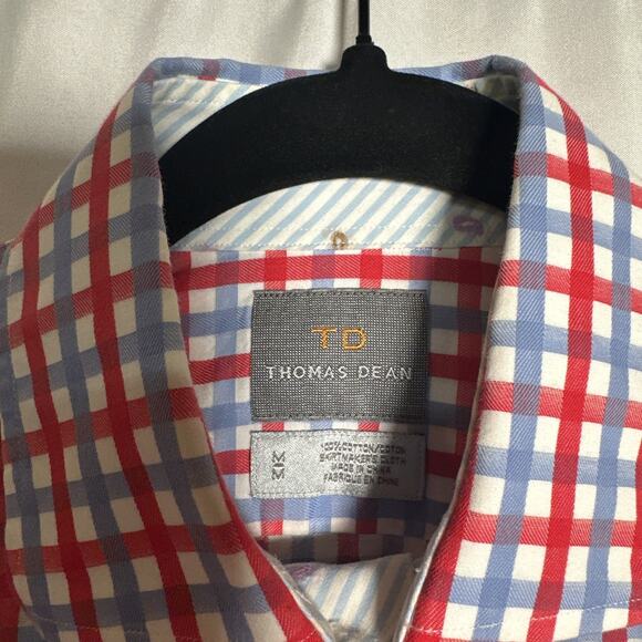 THOMAS DEAN Men's Red Blue Plaid Cotton Button Up Dress Shirt Size Medium - Picture 3 of 9